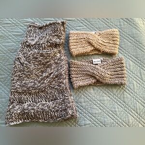 BUNDLE The Limited Snood Cable Chunky Knit Infinity Scarf Gray Marble Earmuffs